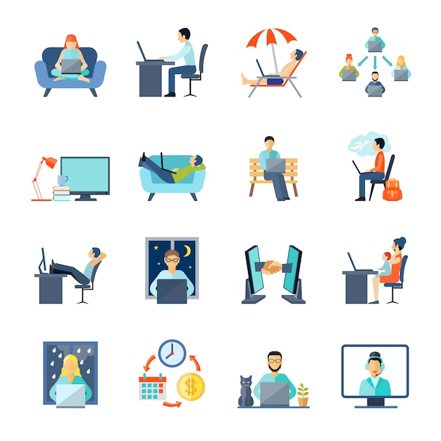 Freelance icons set with working at home rest and laptop