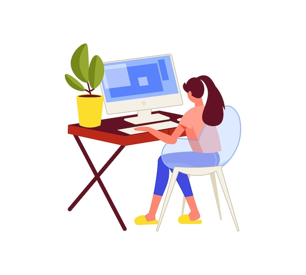 Freelance people work composition with female character sitting at computer table working at home