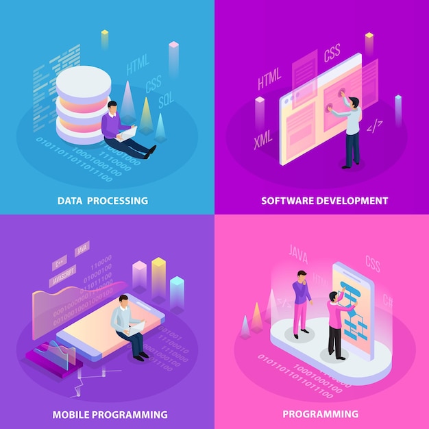 Freelance programming isometric 2x2  concept with human icons and infographic images with editable text captions