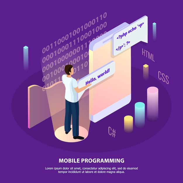 Free Vector freelance programming isometric  composition with human character and interactive interface with infographic icons and text