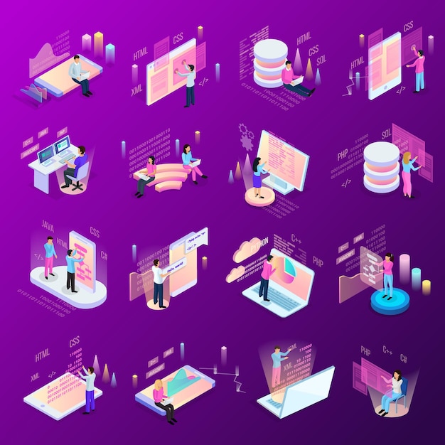 Freelance programming isometric icons set of isolated human characters and modern interfaces with infographic icons