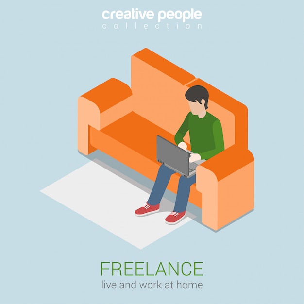 Free Vector freelance work at home isometric   illustration freelancer young man on sofa working on laptop