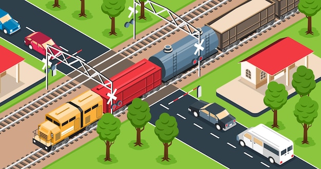 Freight train on railway crossing illustration