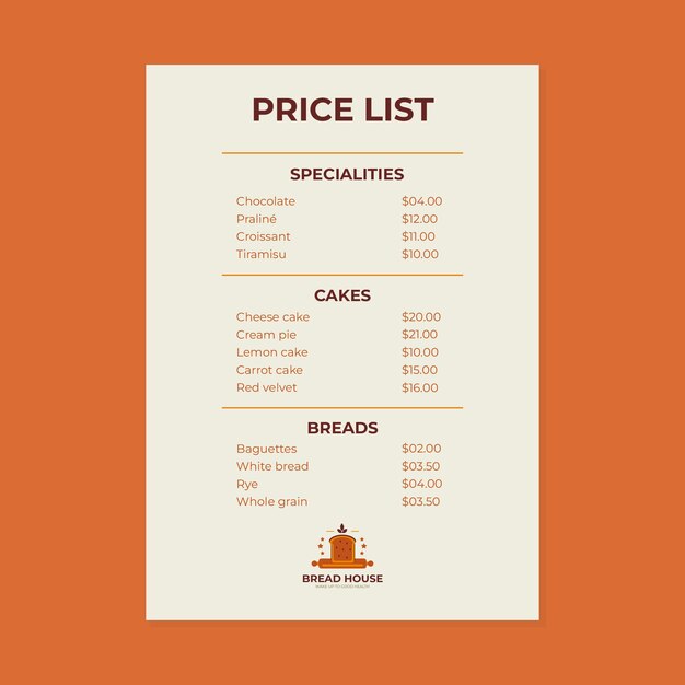 Fresh bread price list template design