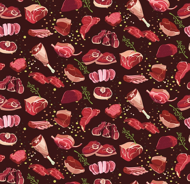 Free vector fresh cutting beef parts seamless pattern