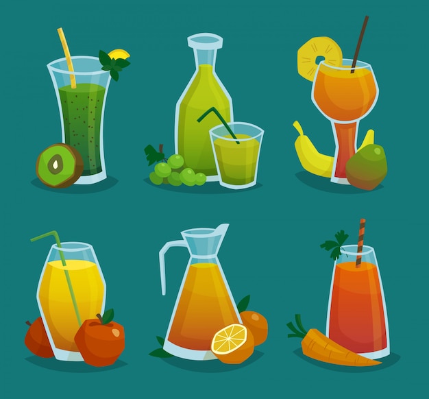 Free Vector fresh juice  and fruits icons set