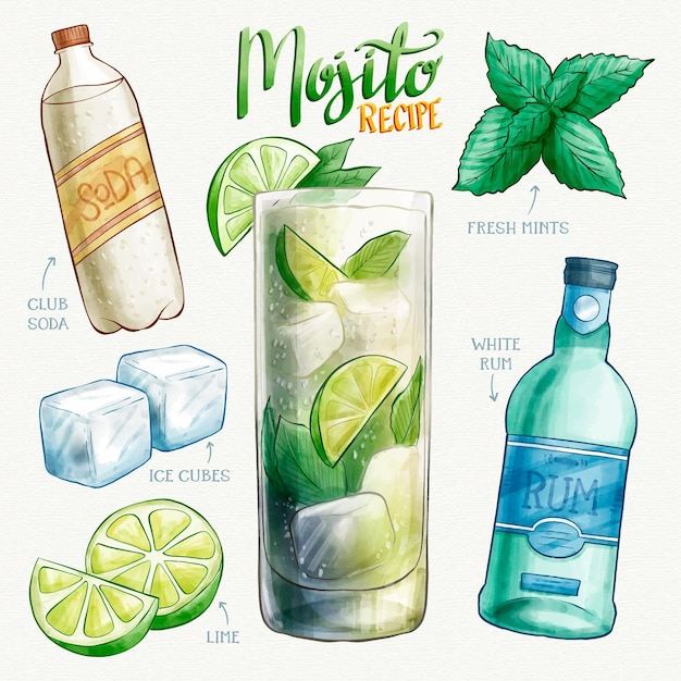 Fresh mojito delicious watercolour recipe