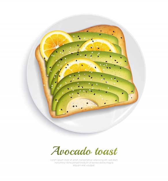 Free Vector fresh toasted bread with slices of ripe avocado and lemon on white plate realistic concept