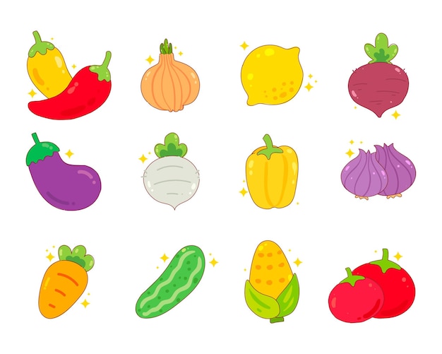 Free Vector fresh vegetable healthy food cartoon set hand drawn cartoon illustration