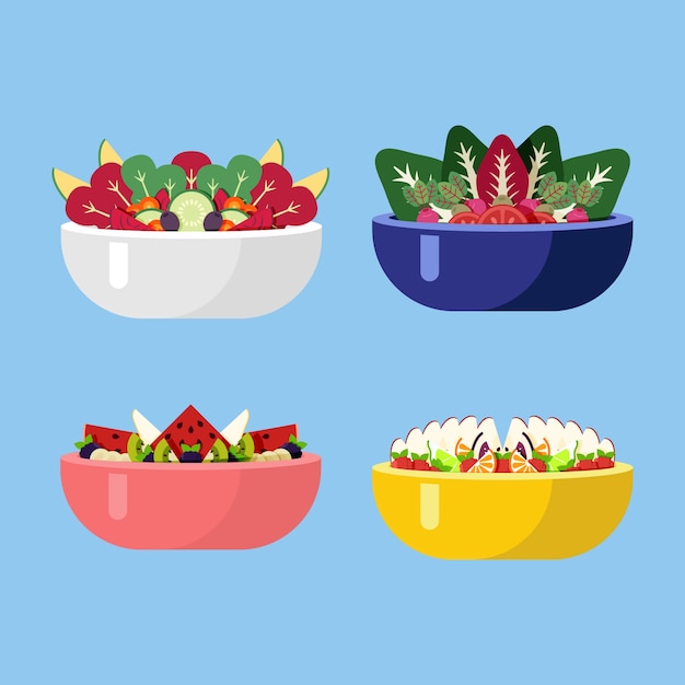 Free Vector fresh veggie salads in different coloured bowls