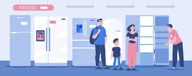 Fridge store horizontal composition with family choosing new refrigeration cabinet with assistant help flat vector illustration