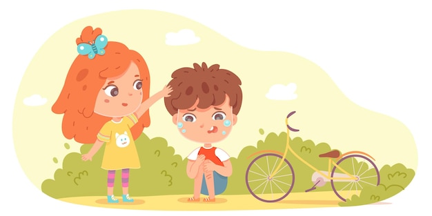 Friend supports and comforts sad crying boy with bike Sad upset kid sitting in park girl consoling and caring sympathy