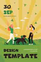 Free vector friend walking with pets, meeting and waving hello. women with dog and cat outside flat flyer template