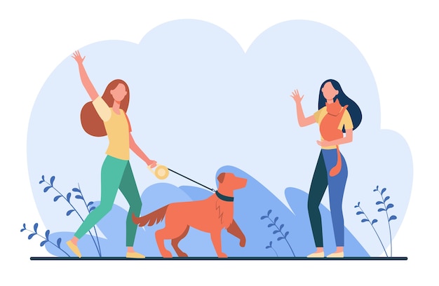 Friend walking with pets, meeting and waving hello. Women with dog and cat outside flat illustration.