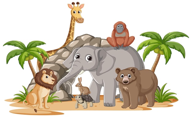 Free vector friendly animals gathering in the jungle