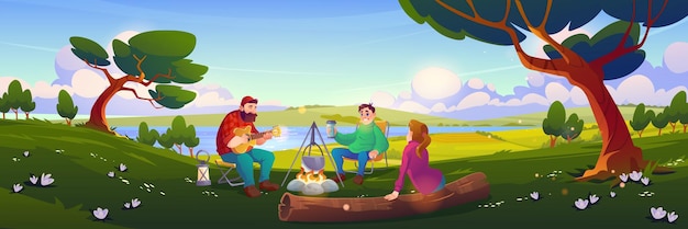 Free Vector friends camping people relax in forest camp