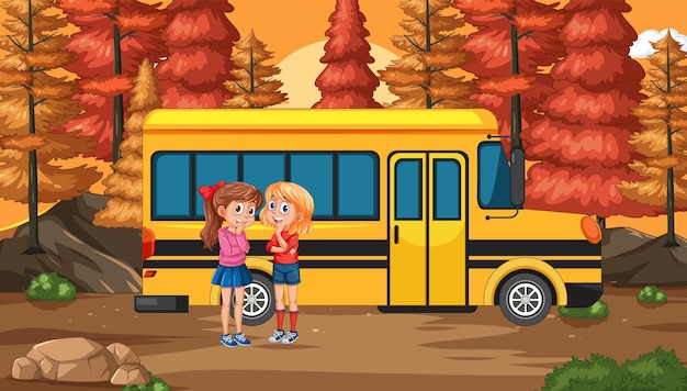 Free Vector friends chatting by school bus