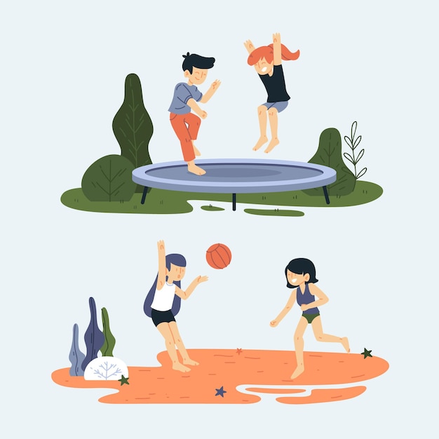 Free Vector friends in different scenes doing summer outdoors activities