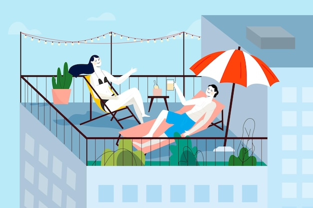 Friends staying on the rooftop terrace staycation concept