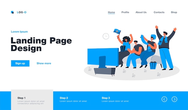 Friends watching soccer or football on TV together landing page in flat style