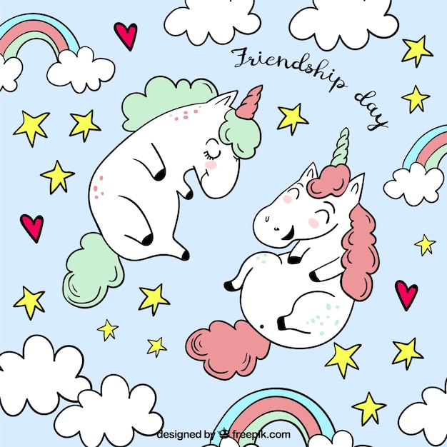 Free Vector friendship day background with cute unicorns