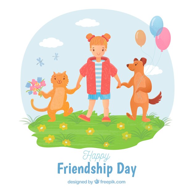 Friendship day background with girl ahd her pets