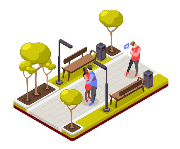 Friendzone isometric composition with view of city street characters of kissing lovers and discouraged single guy illustration