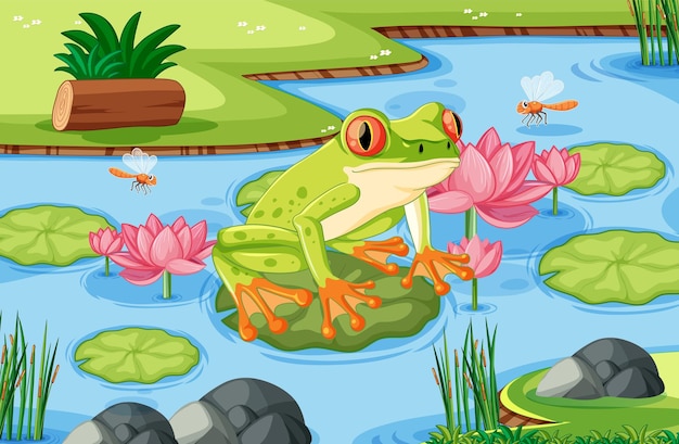 Free Vector frog on lily pad in pond scene