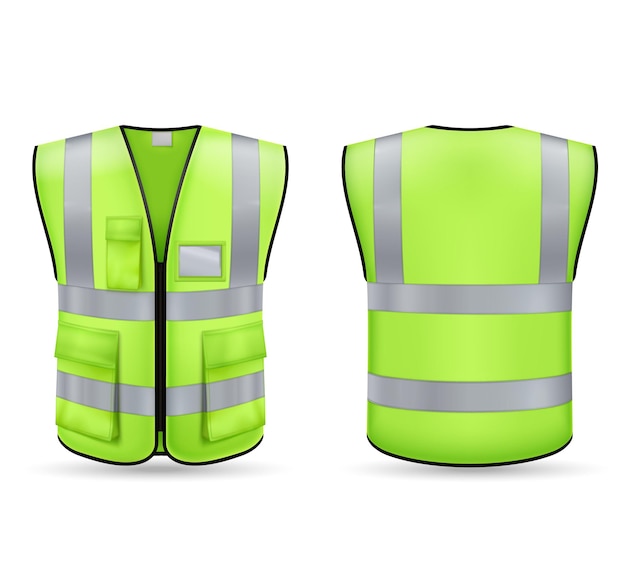 Free Vector front and back view of green vest mockup with reflective stripes and pockets isolated on white background realistic vector illustration