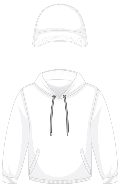 Front of basic white hoodie and cap isolated