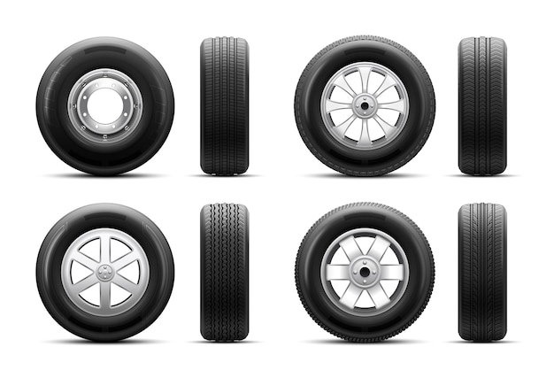 Free Vector front and side view of car wheels with various disks realistic set on white background isolated vector illustration