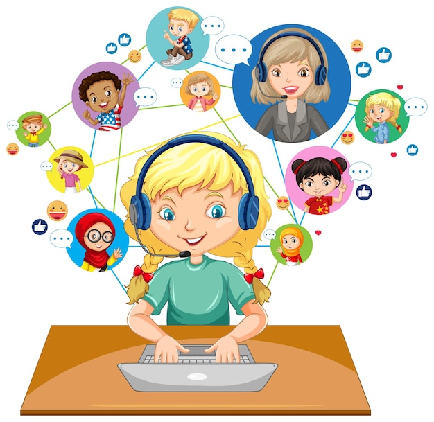 Free Vector front view of a girl using laptop for communicate video conference with teacher and friends on white background