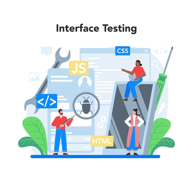 Frontend development concept Website interface design improvement Web page programming coding and testing IT profession Isolated flat vector illustration