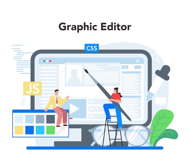 Frontend development online service or platform Website interface design improvement Web page programming coding and testing Graphic editor Isolated flat vector illustration