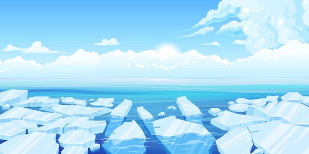 Free vector frozen arctic cracked ice composition chunks of melting ice in the sea against a background of clouds and sunshine vector illustration