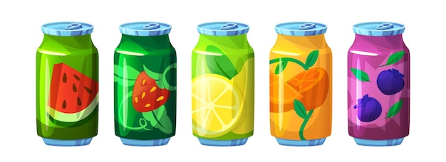 Free Vector fruit and berry carbonated soda in tin can