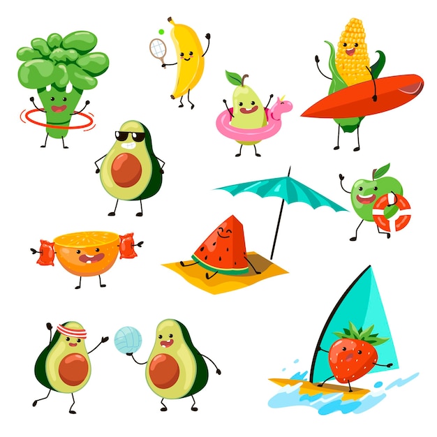 Free vector fruit characters having fun on beach illustrations set