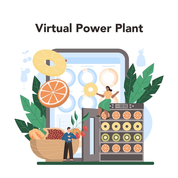 Free Vector fruit farming industry online service or platform idea of agriculture and cultivation dried fruits juice and preserved food production vpp virtual power plant flat vector illustration