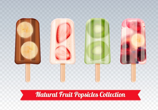 Free Vector fruit popsicles ice cream realistic set of frozen fruity ice cream stick confection images on transparent