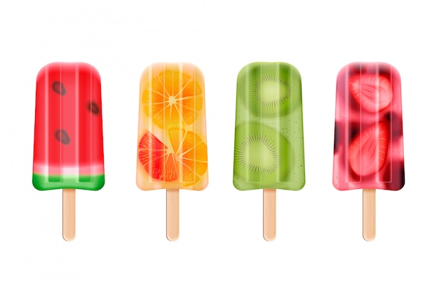 Free Vector fruit popsicles ice cream realistic set of isolated frozen stick confection images on white