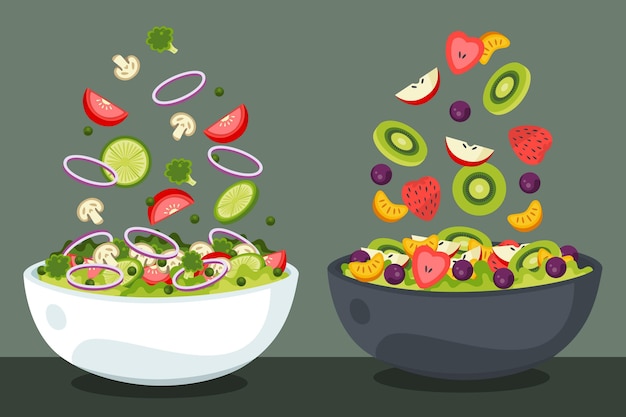 Free Vector fruit and salad bowls concept