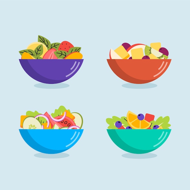 Fruit and salads in different coloured bowls