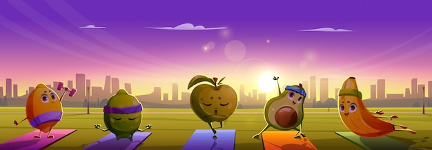 Fruit sport in city park on sunrise cartoon vector illustration Funny food yoga exercise workout with avocado banana apple lemon and lime on fitness mat background with skyscraper cityscape