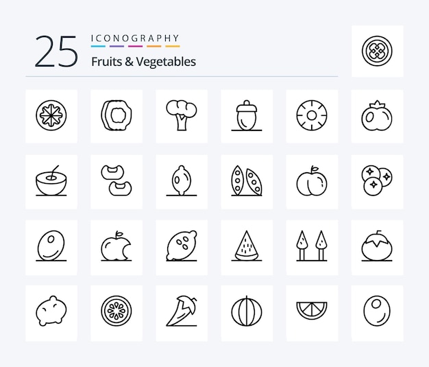 Fruits Vegetables 25 Line icon pack including fruits farmer fruits acorn organic