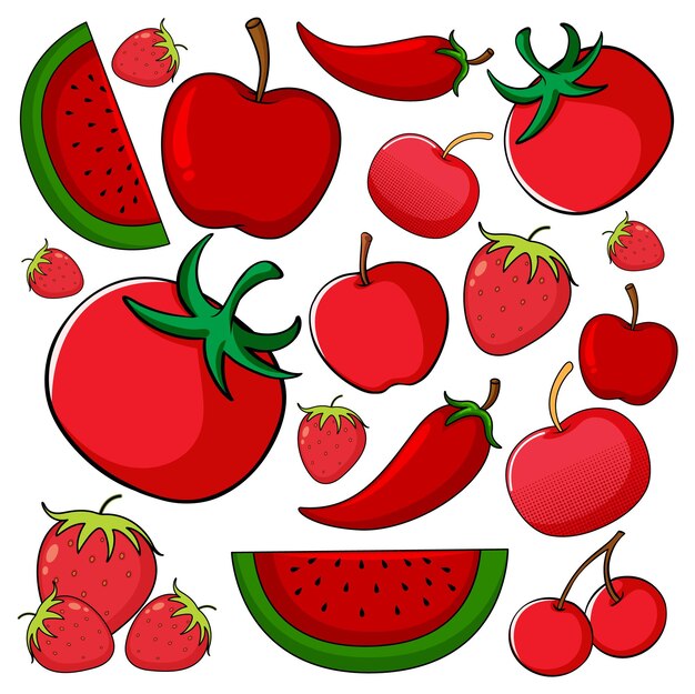 Fruits and vegetables in red color