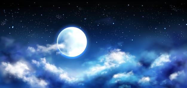 Full moon in night sky with stars and clouds scene