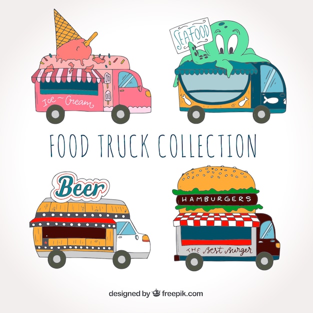 Free Vector fun collection of hand drawn food trucks