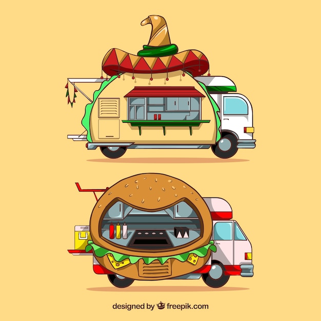 Free Vector fun food trucks with hand drawn style