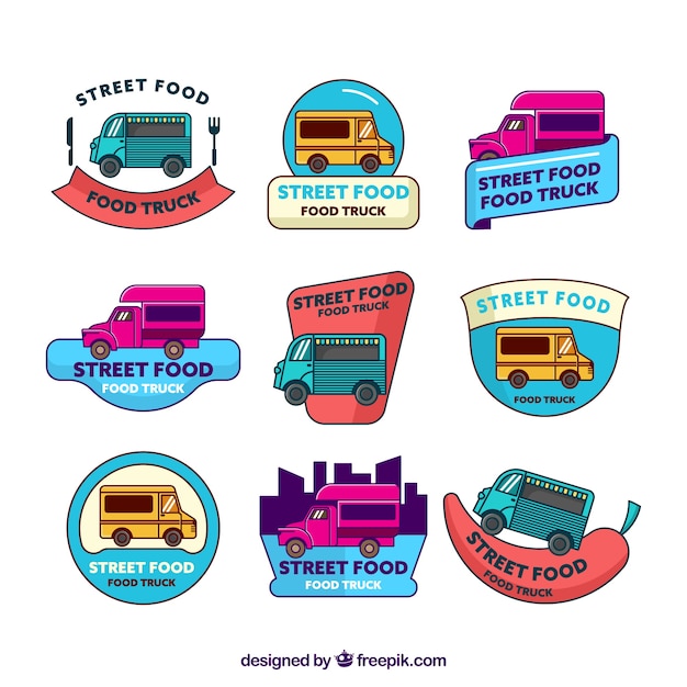 Free Vector fun pack of hand drawn food truck logos