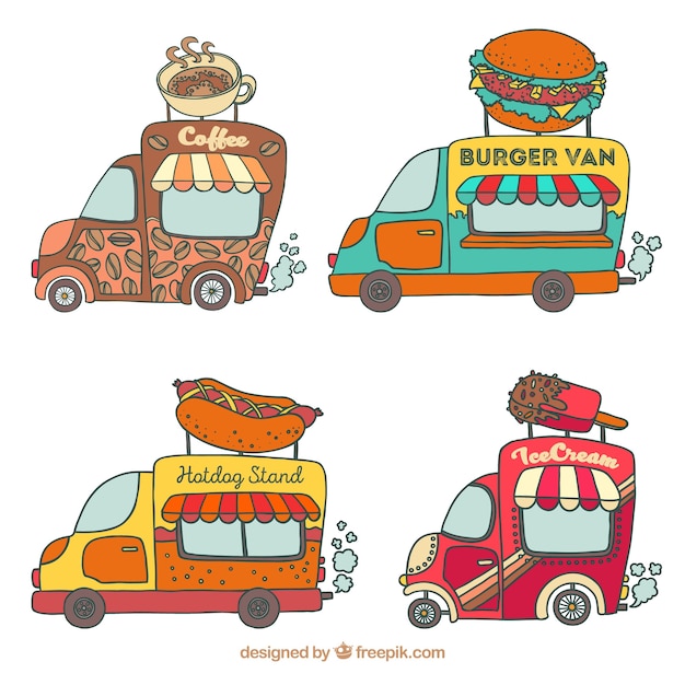 Free Vector fun pack of hand drawn food trucks